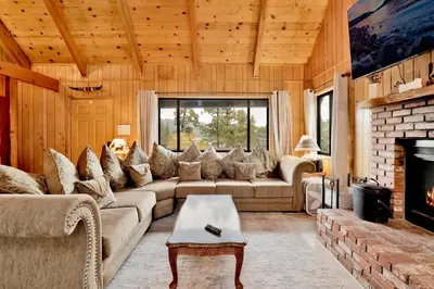 a living room with a couch and a fireplace at Lakeview Pines Log Cabin #2585 in Big Bear Lake