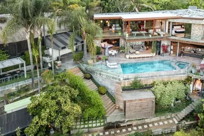 an aerial view of a house with a swimming pool at Bali Inspired Villa in Sunset Plaza in Los Angeles