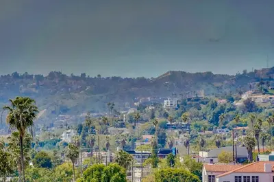 a city with palm trees and mountains in the background at LA Chic Stunning Views & Sunsets in Los Angeles