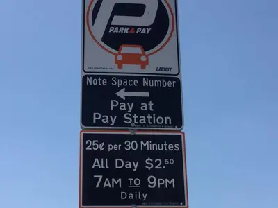 a parking sign for a park and pay station at Cozy Studio Near Downtown LA with AC WiFi and Snacks in Los Angeles