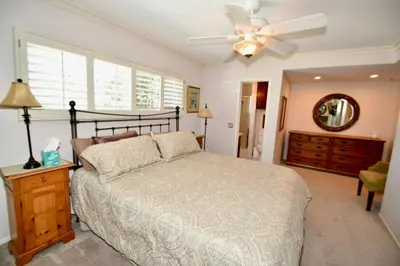 a bedroom with a bed and a ceiling fan at Rancho Palos Verdes View Home in Rancho Palos Verdes