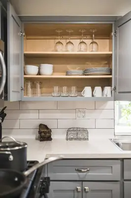 a kitchen with a counter with dishes on shelves at Foothills LA Hideaway Patio Lounge Work-Friendly in Glendora