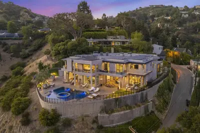 an aerial view of a house at Prestigious Hillside Villa W. Pool, Theater, Views in Los Angeles