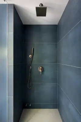 a bathroom with a shower with a blue wall at Brooks Beach House Your Venice Escape in Los Angeles