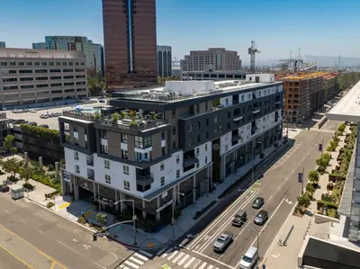 an aerial view of a building in a city at Stylish Condo Mins to Shoreline in Long Beach