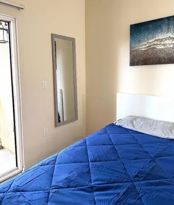 a bedroom with a blue bed and a mirror at Downtown LA Urban Escape in Los Angeles
