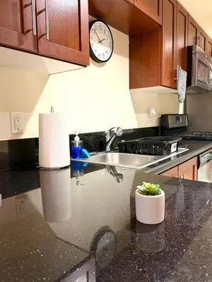a kitchen with a sink and a clock on the wall at Downtown LA Urban Escape in Los Angeles