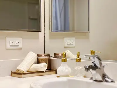 a bathroom with a sink with a mirror and a sink at BOHO Style Home LA -Free Parking 10min To Cedars in Los Angeles