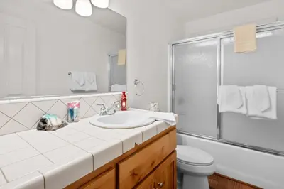 a bathroom with a sink and a shower and a toilet at Leaf & Needle - Walk to Lake & Village, Picnic Table, Single Story, Fenced Yard in Big Bear Lake
