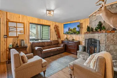 a living room with a couch and a fireplace at The Hideaway - Near Lake & Village, Hot Tub, Fireplace, AC in Big Bear Lake