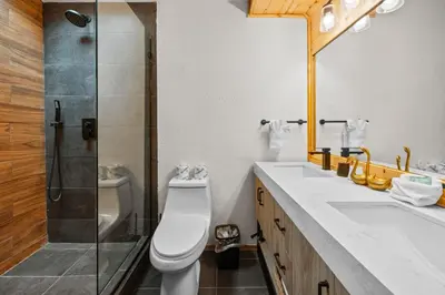 a bathroom with a shower and a toilet and a sink at The Hideaway - Near Lake & Village, Hot Tub, Fireplace, AC in Big Bear Lake