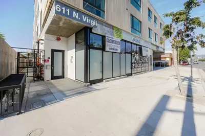 an empty street in front of a building at Blueground East Hollywood rooftop nr Hollywood Bowl LAX-1334 in Los Angeles