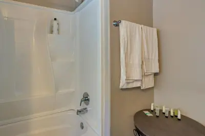 a bathroom with a shower and a toilet and a sink at Cozy Forest Cottage w Lake Glimpse and Grill in Fawnskin