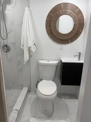 a bathroom with a toilet and a sink and a mirror at Magnolia Pool Cottage Home in Lynwood