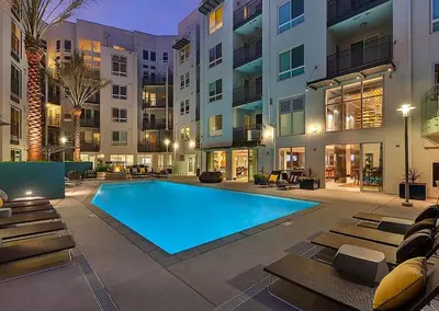 a large swimming pool in the middle of a building at Luxurious precious mile in Los Angeles
