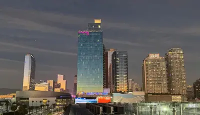 a view of a city skyline with tall buildings at DTLA prime one bedroom steps away from Crypto in Los Angeles