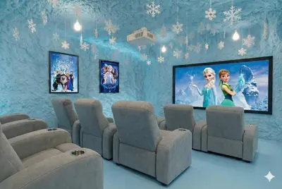 a waiting room with a large flat screen tv at Disney Frozen Fantasy by OC Adventure Homes in Garden Grove