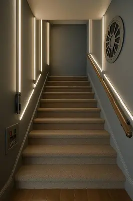 a staircase in a building with a clock on the wall at Star Wars Retreat by OC Adventure Homes in Garden Grove
