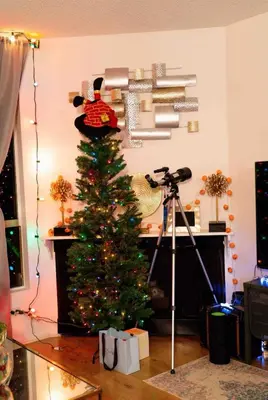 a christmas tree in a living room with a camera at Cozy Beach Haven in Los Angeles