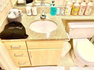 a bathroom with a sink and a toilet at Fully Equipped DTSM Studio, Blocks to Ocean & Pier in Los Angeles