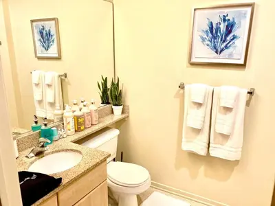 a bathroom with a toilet and a sink and a mirror at Fully Equipped DTSM Studio, Blocks to Ocean & Pier in Los Angeles