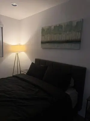 a bedroom with a bed and a painting on the wall at Comfortable & Quaint Room in a Shared Space in Van Nuys