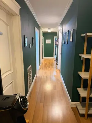 a hallway with green walls and a wooden floor at Larchmont 1875 sq ft house 3 bed 2 bathroom in Los Angeles