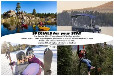 a collage of pictures of people on a lake at Colibri Cabin - Walk to Lake and Trails in Big Bear Lake