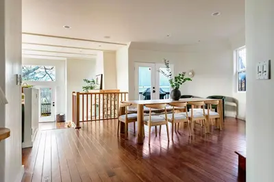 a dining room with a table and chairs at Lakeview Mountain Modern in Lake Arrowhead