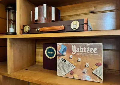 a wooden shelf with a julittle box on it at The Highpoint - Close to Lake/Village, Fireplace, Smart TV, Hammock, BBQ in Big Bear Lake