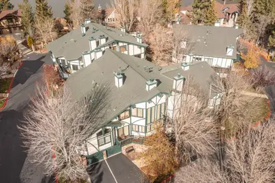 an overhead view of a large house with a roof at Lakeview Getaway Game Rm, Pool, Spa, Sauna! in Big Bear Lake