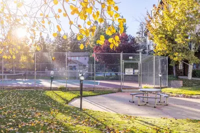 a park with a picnic table and a tennis court at Lakeview Getaway Game Rm, Pool, Spa, Sauna! in Big Bear Lake