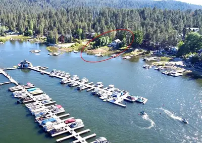 an aerial view of a marina with boats in the water at Home Sweet Home in Big Bear Lake