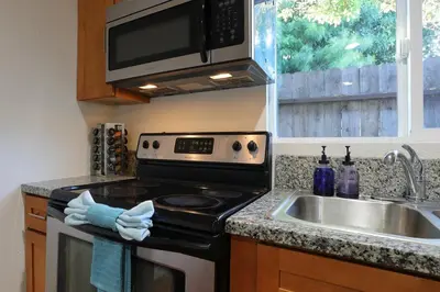 a kitchen with a stove and a sink and a microwave at Modern Oasis Studio - near LAX, SoFi, USC, DTLA in Los Angeles