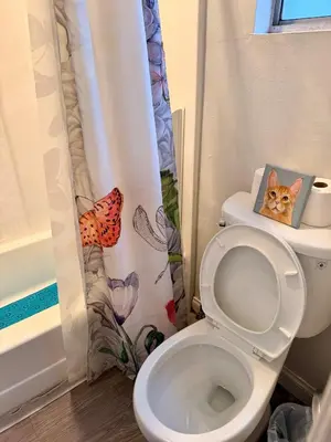 a bathroom with a toilet with a cat in a shower curtain at Serene Stay with Pool Access & Balcony in Los Angeles