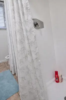 a shower curtain in a bathroom next to a wall at Charming Studio in the Heart of Hollywood in Los Angeles
