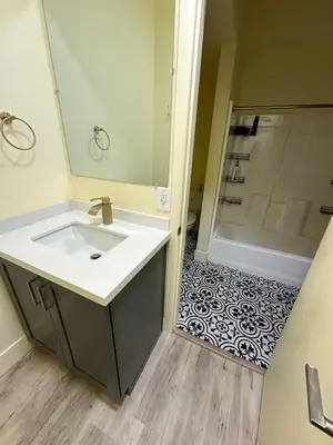 a bathroom with a sink and a shower at Shared but isolated room in Central Los Angeles in Los Angeles