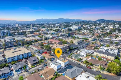 an aerial view of a city with a yellow balloon at Spacious 4BR Townhouse with Free Parking Near DTLA in Los Angeles