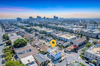 an aerial view of a city with a yellow balloon at Spacious 4BR Townhouse with Free Parking Near DTLA in Los Angeles