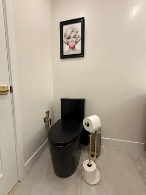 a bathroom with a black toilet with a picture on the wall at SkyLoft in Woodland Hills