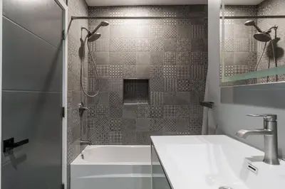 a bathroom with a shower and a sink at Luxury Summer Getaway in Encino in Van Nuys Airport
