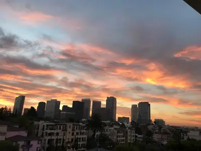 a view of a city skyline at sunset at Fara UCLA in Los Angeles