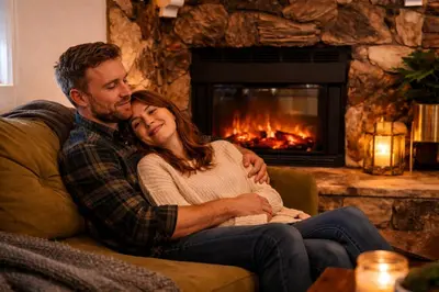 a man and woman sitting on a couch in front of a fireplace at In the Pines Romantic Big Bear Forest Cabin in Fawnskin