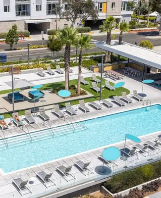 an overhead view of a swimming pool with chairs and trees at Nautical Knees Water View Pool, Jacuzzi and Gym in Los Angeles