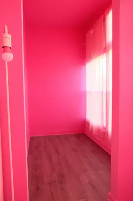 an empty room with pink walls and wooden floors at Paradise Knowhere in Los Angeles