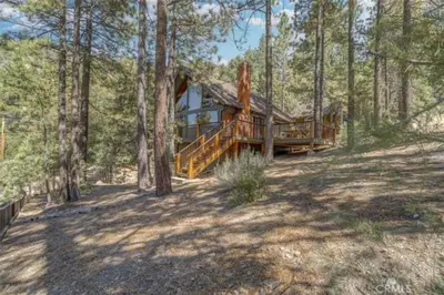 a house in the middle of a forest at Pet Friendly 3BR Pine Mountain Club Cabin with King Bed and Pool Access in Pine Mountain Club