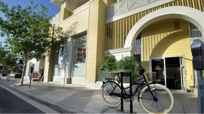 a bike is parked in front of a building at Vertical Blue Bi-Level Sanctuary with Pacific Vistas in Los Angeles