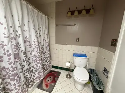 a bathroom with a toilet and a shower curtain at Citrus Loft Room B - Quiet and Convenience Female Only in Covina