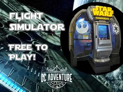 a poster for a star simulator game with a picture of a spaceship at Star Wars Retreat by OC Adventure Homes in Garden Grove