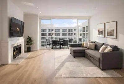 a living room with a couch and a fireplace at Marina 1-Bedroom & 2-Bedroom - Near Venice Beach & Marina in Los Angeles